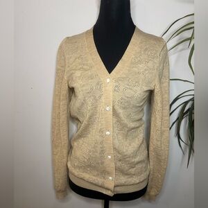 Salvatore Ferragamo tan wool knit cardigan with cutout monogram print Size M